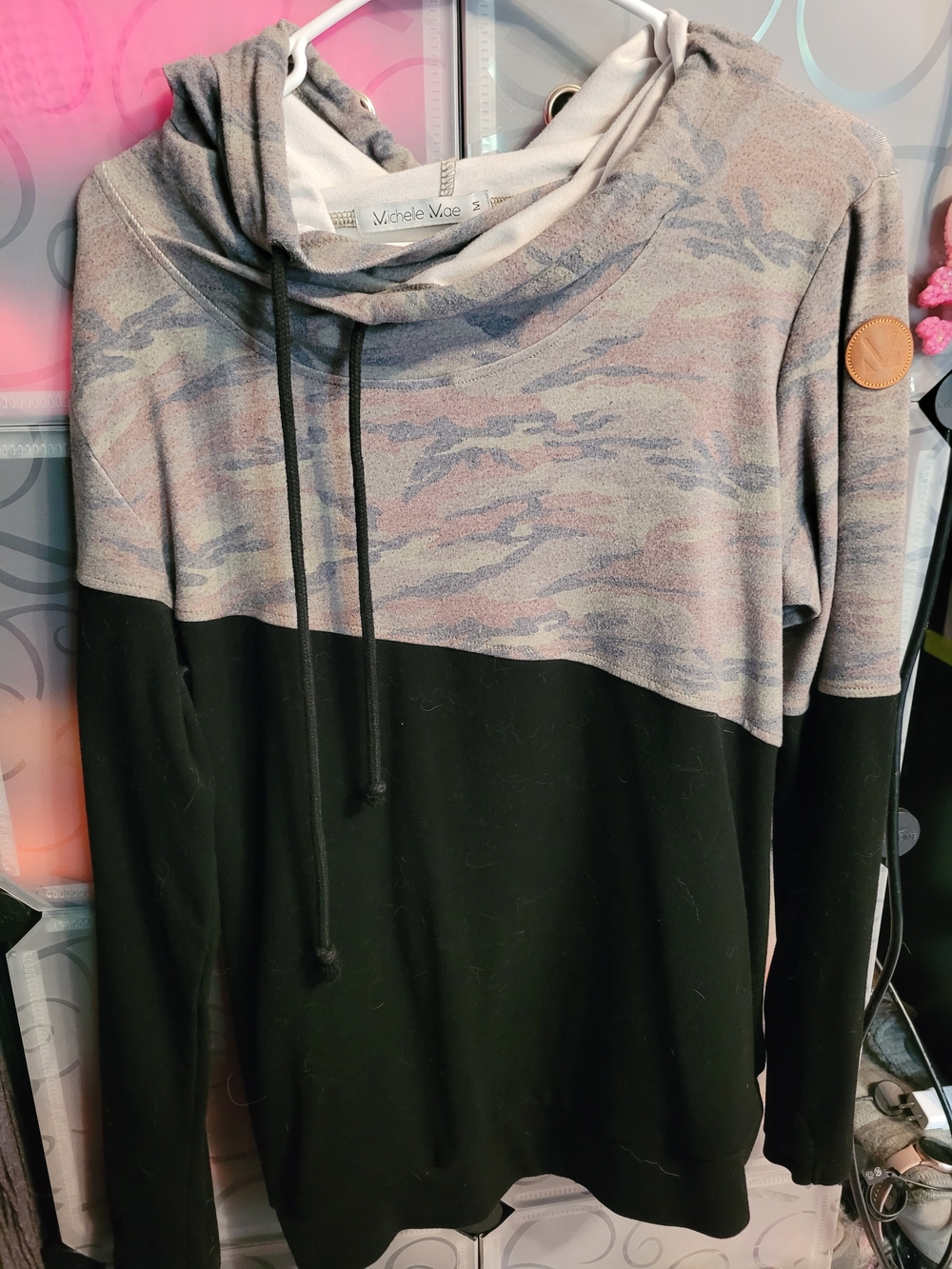 Michelle Mae Pink Gray Cowl Neck Hoodie with Black Lower Panel